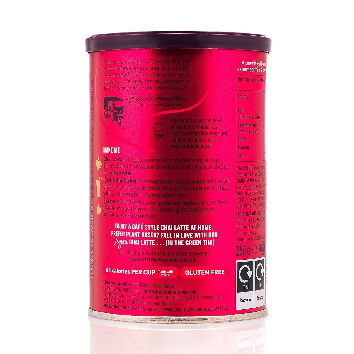 Drink Me Chai Chai Latte épicé 250 g (lot de 1) – Il suffit d'ajouter de l'eau en poudre Chai Latte (16 portions)