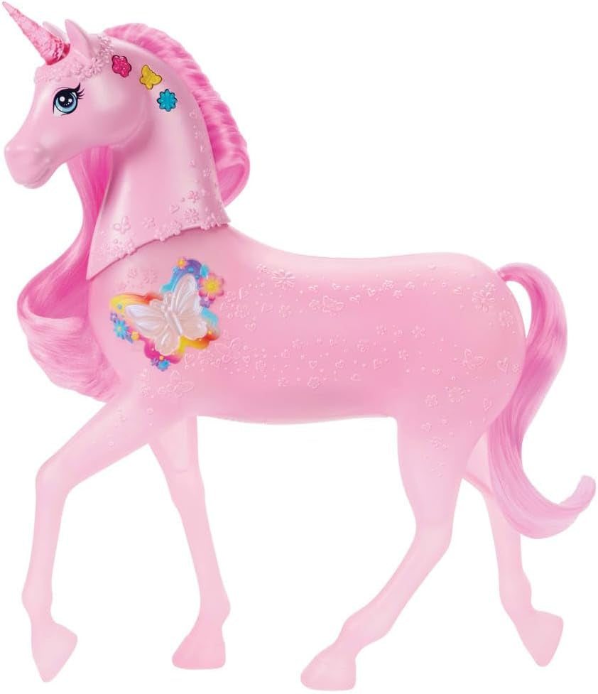 Barbie unicorn strălucitor care luminează în întuneric cu 20 de combinații interactive de efecte de lumină, sunete și muzică, pentru joacă prin apăsarea butoanelor și mângâierea capului, JCP78