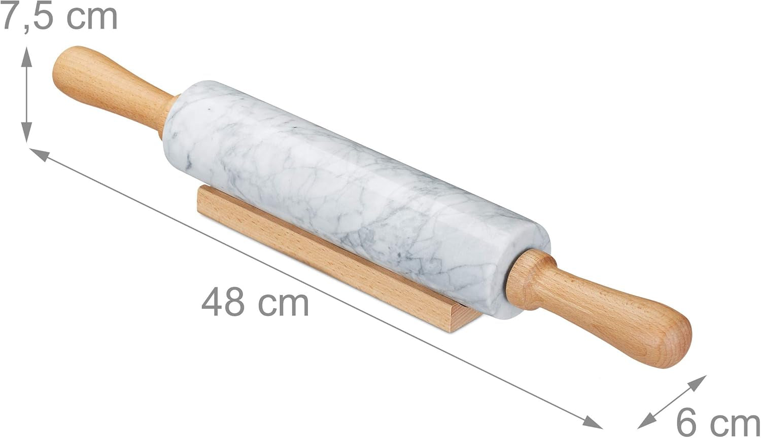 Relaxdays Rouleau à pâtisserie en marbre, poignées en bois, rouleau à pâtisserie robuste, 48 cm, blanc