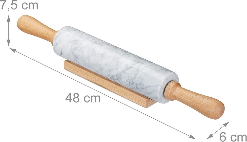 Relaxdays Rouleau à pâtisserie en marbre, poignées en bois, rouleau à pâtisserie robuste, 48 cm, blanc