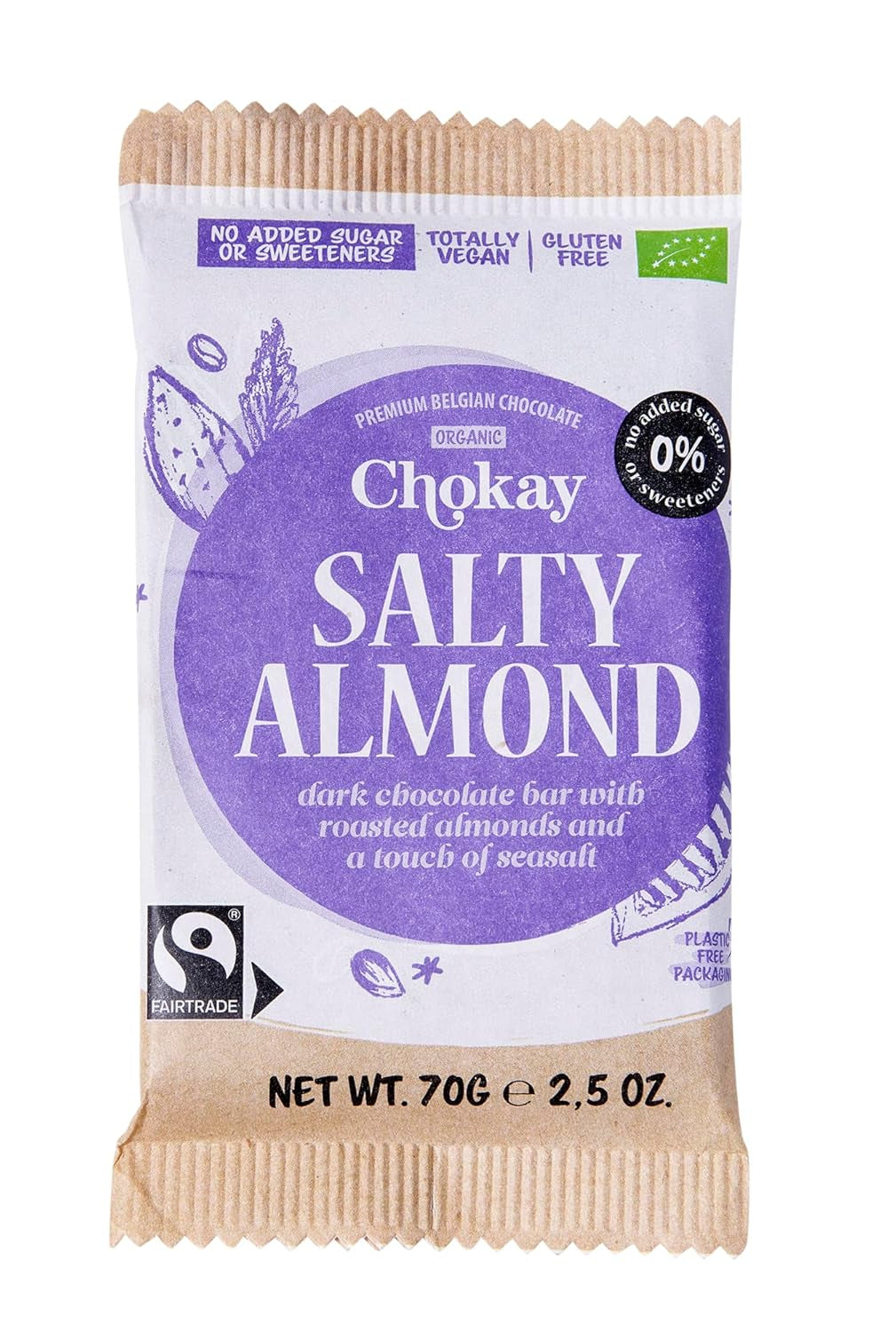 Barre BIO - SEL AMANDES/Chocolat noir belge aux amandes et sel marin/VEGAN, SANS GLUTEN ET COMMERCE ÉQUITABLE / 1x70g