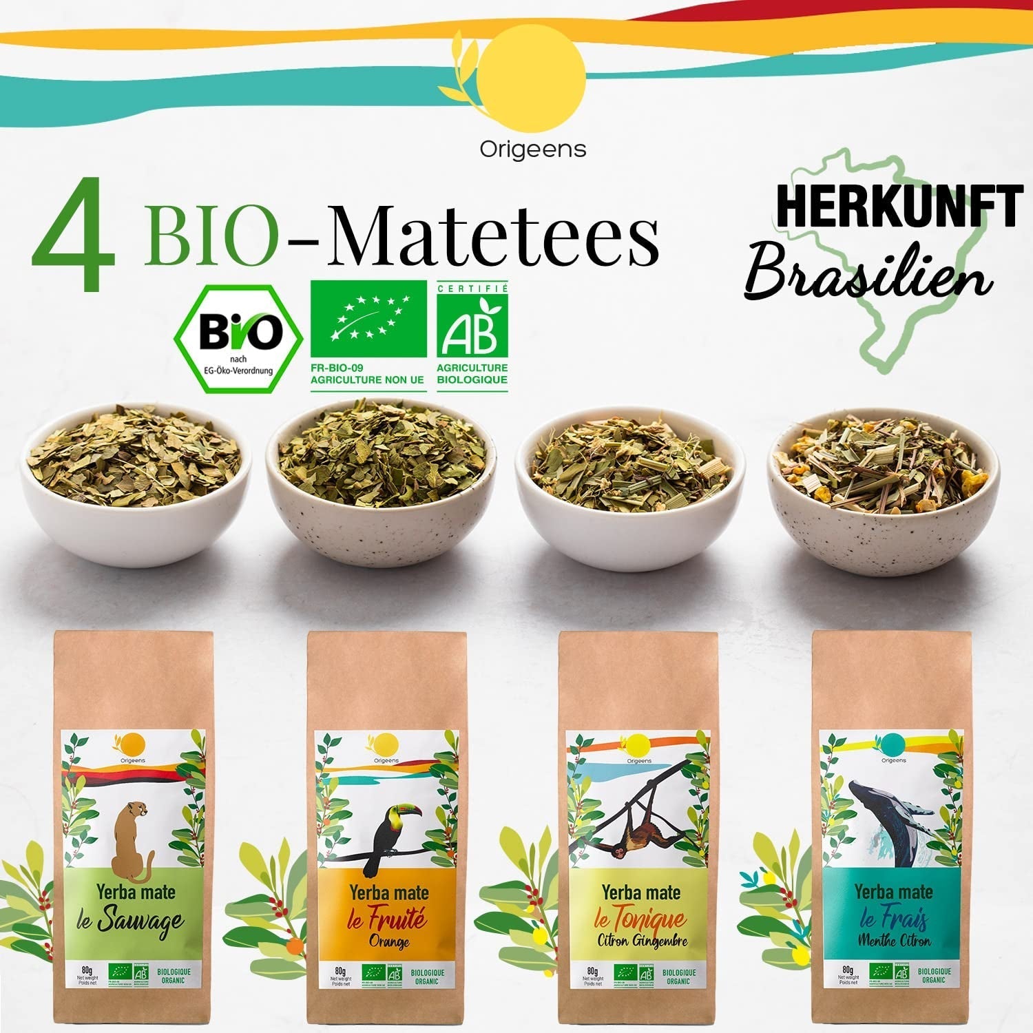 ORIGEENS COFFRET THÉ BIO MATE X4 I Yerba Mate Bio 4X80G I Coffret thé Yerba Mate, idée cadeau