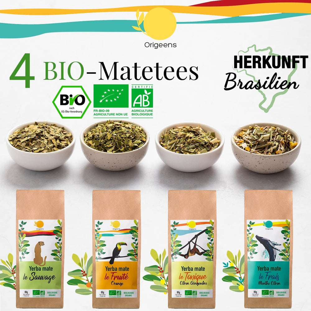 ORIGEENS COFFRET THÉ BIO MATE X4 I Yerba Mate Bio 4X80G I Coffret thé Yerba Mate, idée cadeau