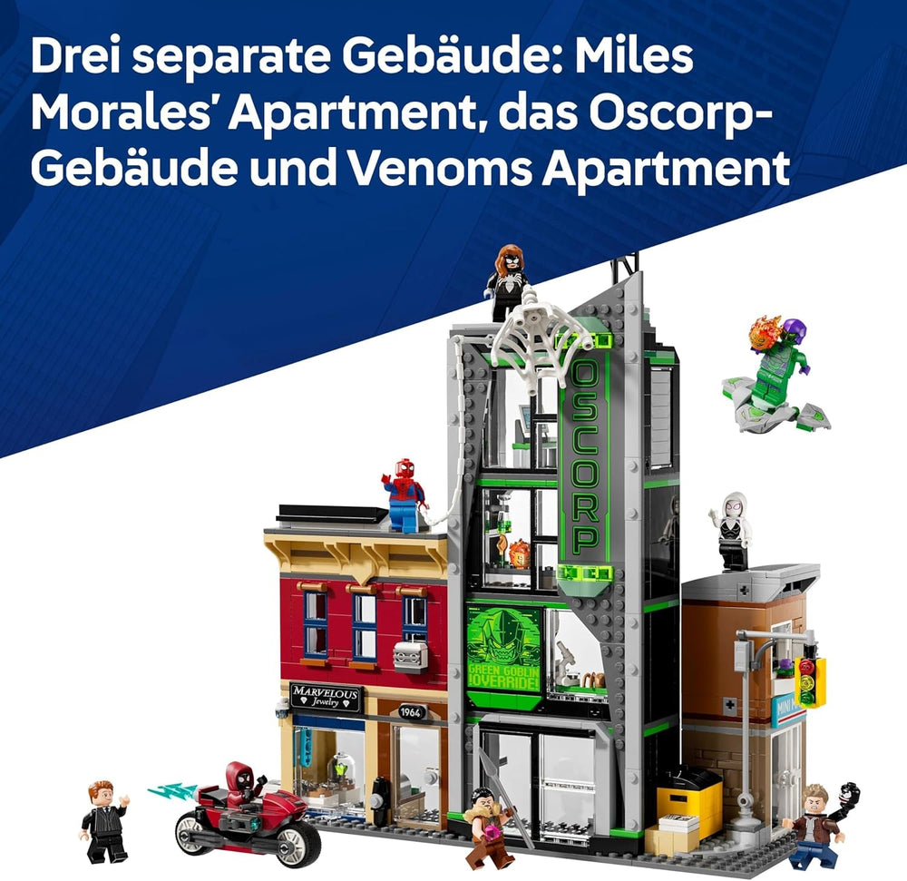LEGO ǀ Marvel Spider-Man vs. Oscorp - Bauset zum Sammeln für Kinder mit 8 Minifiguren, darunter auch Spider-Woman, Miles Morales, Ghost Spider und Green Goblin - Geschenk ab 10 Jahren - 76324
