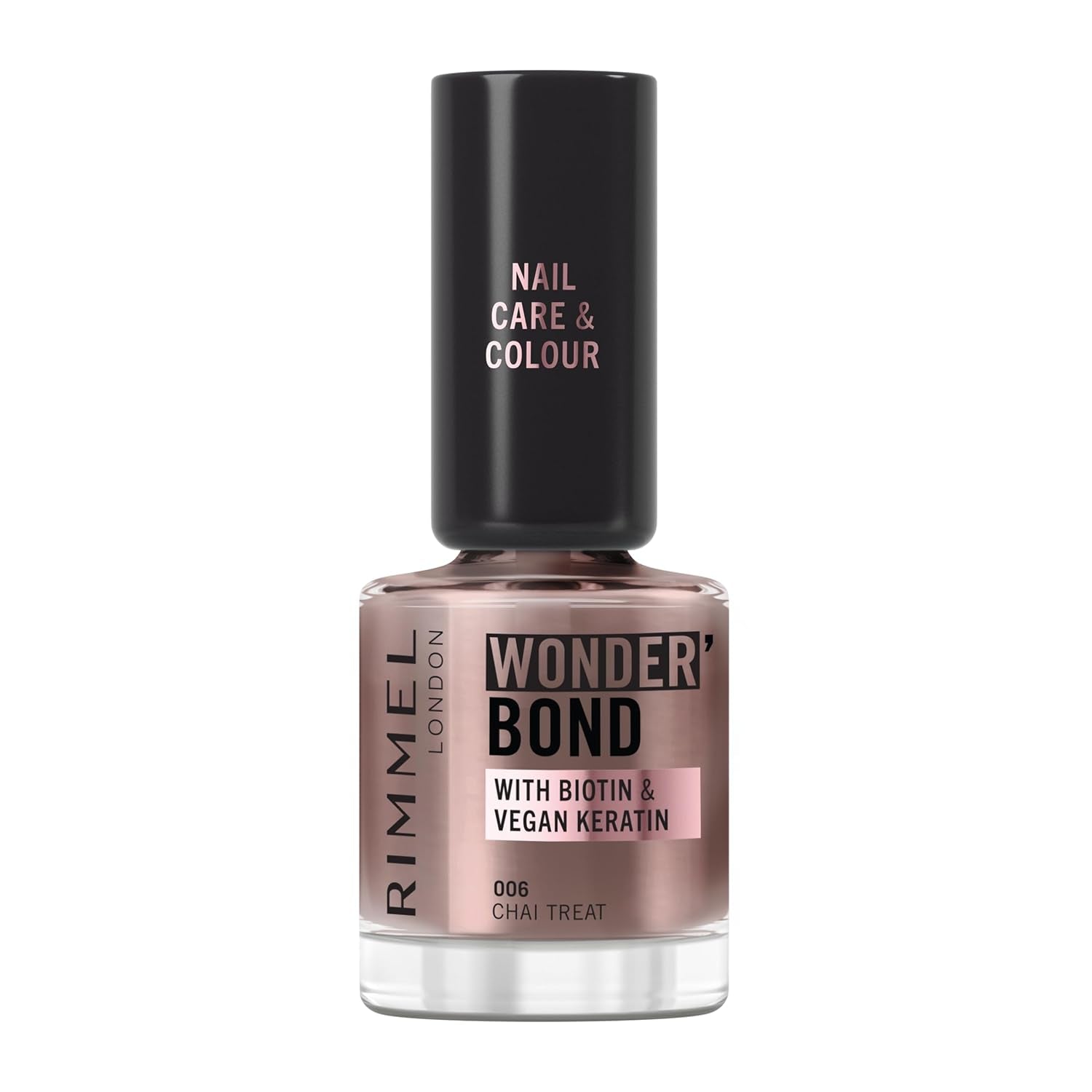 Oja Rimmel Wonder'bond Care+Color, 006 Chai Treat, regenerează unghiile, cu biotină și keratină vegană, modulară, 12 ml