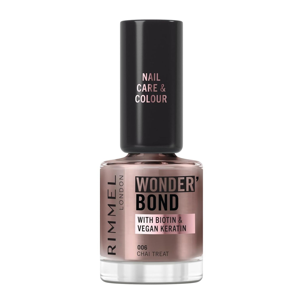 Oja Rimmel Wonder'bond Care+Color, 006 Chai Treat, regenerează unghiile, cu biotină și keratină vegană, modulară, 12 ml