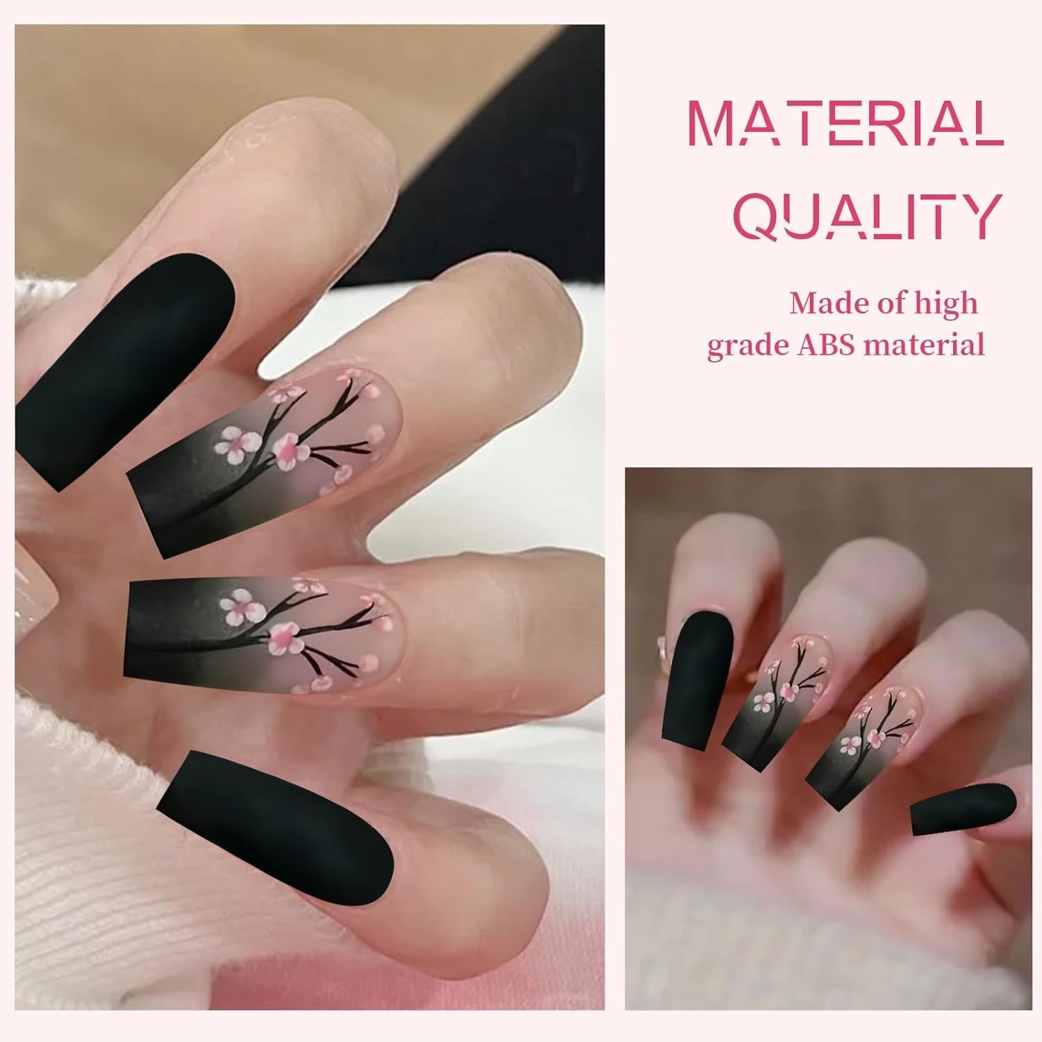 24 de bucăți de unghii French Press negre de toamnă, unghii lungi cu flori roz, unghii artificiale pentru lipit, set de unghii artificiale de toamnă cu accesorii