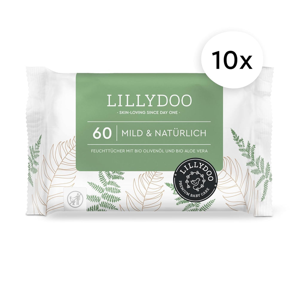 LILLYDOO Lingettes humides vertes, 600 unités (10 x 60), 100 % sans plastique, résistantes aux déchirures – Sans parfum, douces et naturelles, nettoyage doux pour les peaux sensibles, testées dermatologiquement