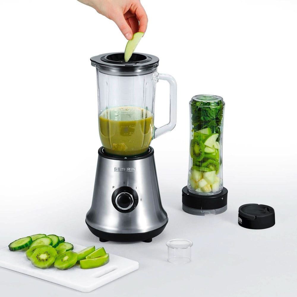 SEVERIN Multimixer, batteur sur socle 2 en 1 et machine à smoothie avec 1 L de récipients en verre et de boissons, mixeur de cuisine avec 2 lampes et fonction impulsion, 500 W, Edelstahl/Schwarz, SM 3737 Mother and Child Naty Shop