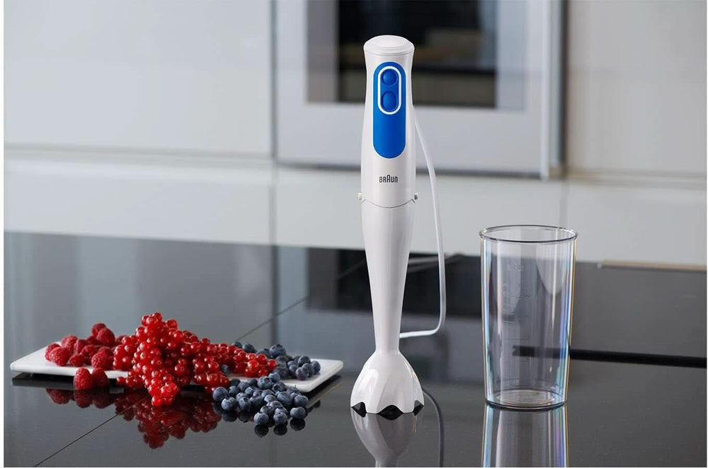 Braun Multiquick 3 MQ 3000 Smoothie+ Stabmixer – Pürierstab Mit 2 Geschwindigkeiten, Powerbell plus et Splashcontrol-Technologie, 700 Watt, Inkl. 600 ml Mix- & Messbecher, Blau/Weiß Cuisine Naty Shop
