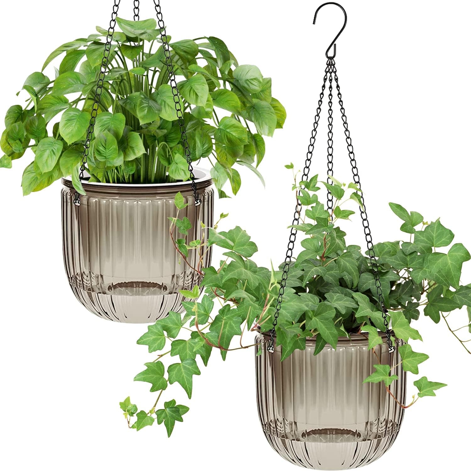 Lot de 2 jardinières suspendues à arrosage automatique, pot de fleur suspendu d'intérieur de 16,5 cm avec 3 crochets et trous de drainage pour une utilisation intérieure et extérieure, plafond, balcon et décoration murale (gris)