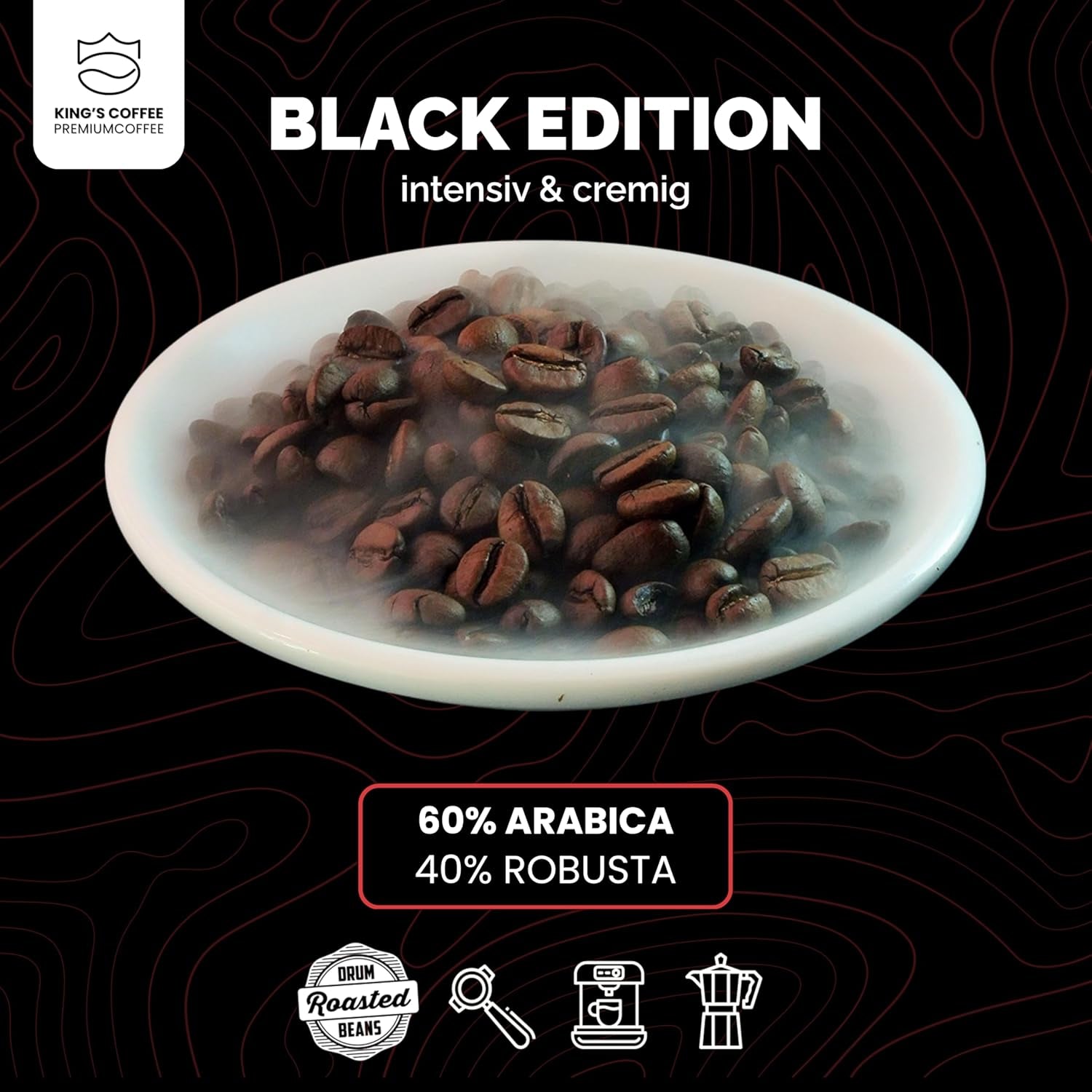 KING'S COFFEE - BLACK EDITION - 1 kg de grains de café crème intense - Café à faible acidité - Torréfaction en petits lots d'Italie - Grains d'espresso Arabica forts (mélange) pour machines entièrement automatiques et porte-filtres