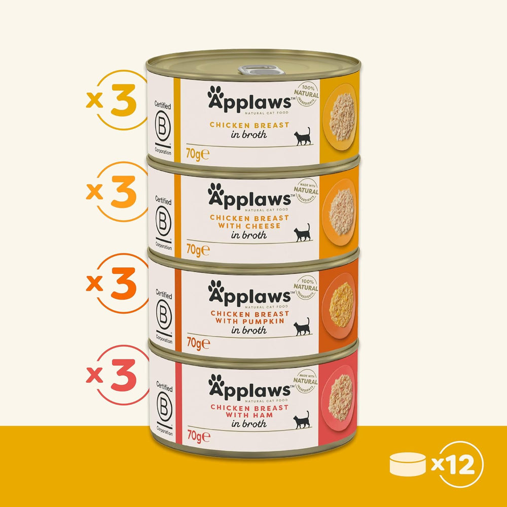 Applaws Nourriture humide 100 % naturelle de qualité supérieure pour chat, sélection de bouillon de poulet pour chats adultes – Lot de 4 boîtes (12 x 70 g)