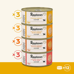 Applaws Nourriture humide 100 % naturelle de qualité supérieure pour chat, sélection de bouillon de poulet pour chats adultes – Lot de 4 boîtes (12 x 70 g)