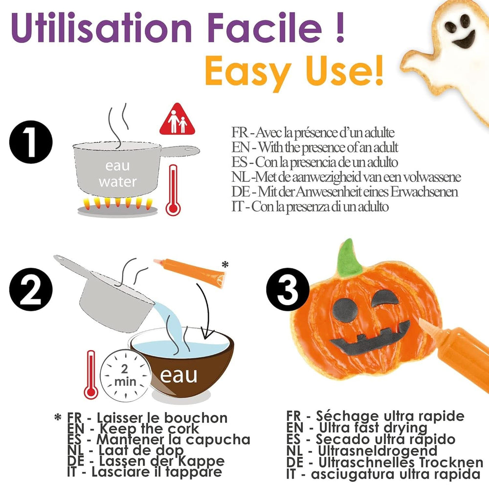 Scrapcooking - Lot de 4 Stylos Chocolat Halloween - Noir, Orange, Violet et Blanc, Écrivez et dessinez sur les Desserts, Gâteaux et Biscuits Naty Shop