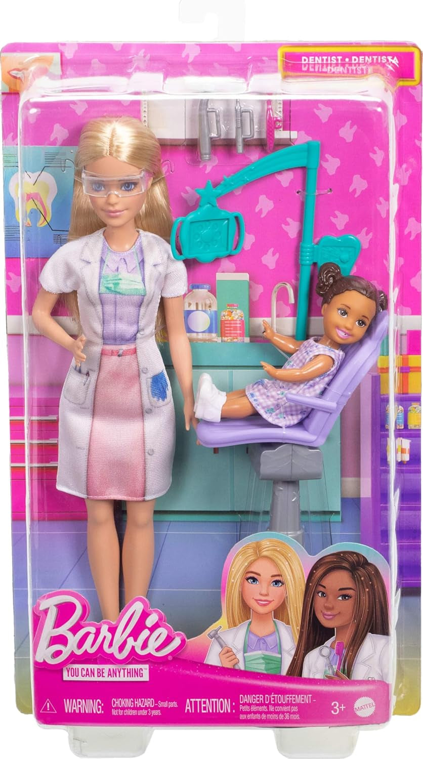 Barbie Zahnärztin-Puppe, Modepuppe mit blonden Haaren, blauem Kleid und Laborkittel, 1 Kinderpuppe, Untersuchungszubehör und passende Accessoires, JCR74