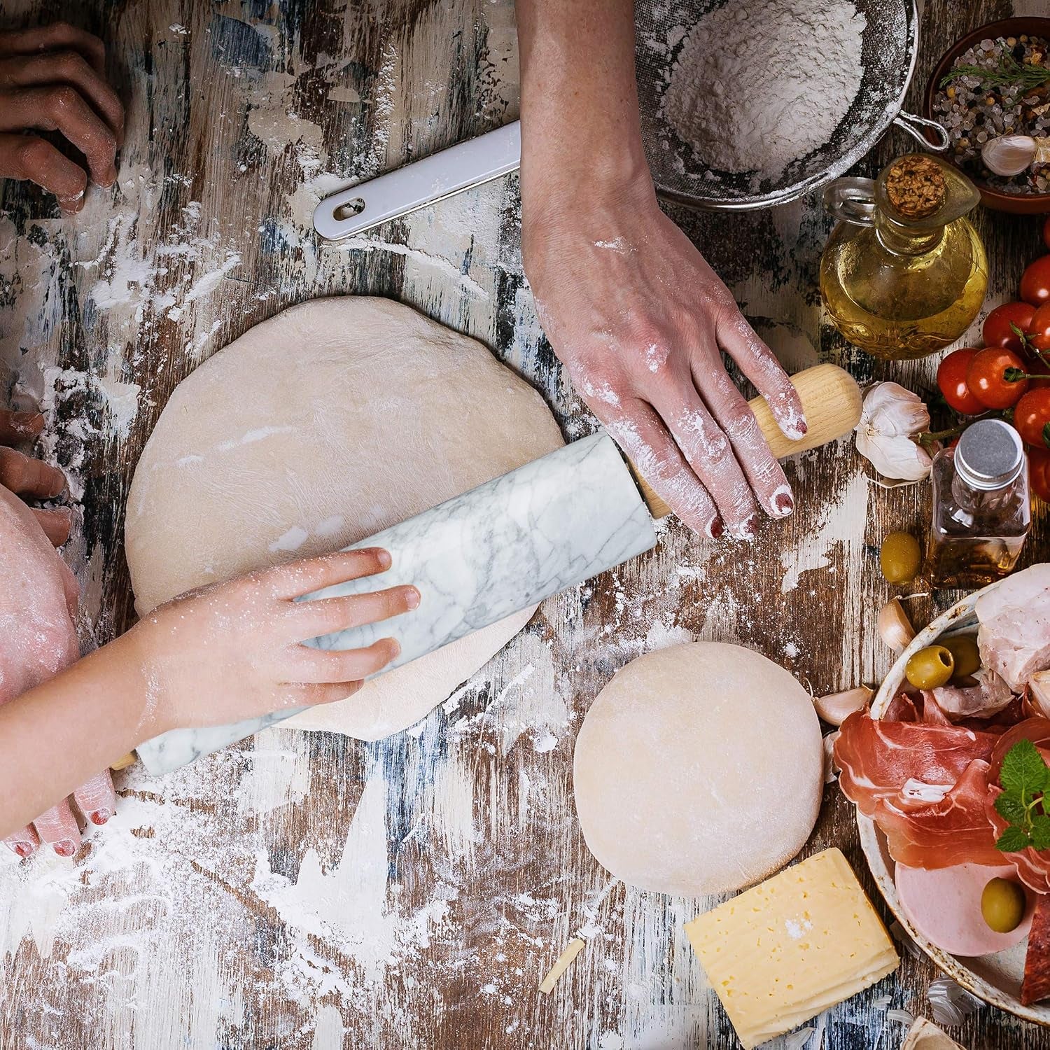 Relaxdays Rouleau à pâtisserie en marbre, poignées en bois, rouleau à pâtisserie robuste, 48 cm, blanc