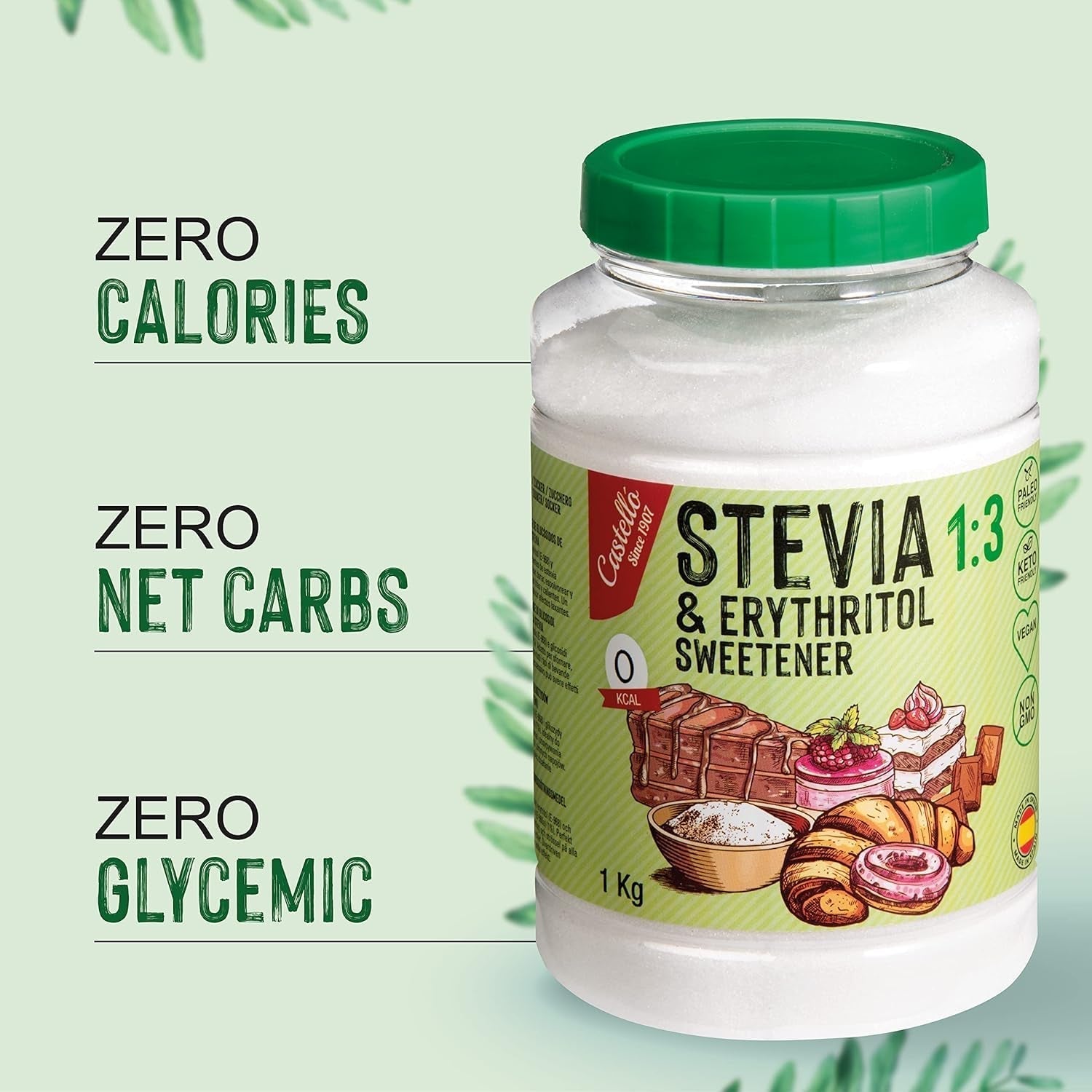 Stevia + Erythritol 1:3 Tissu sucré | 1G = 3G Zucker | Ingrédients 100% naturels - 0 calories - 0 indice glycémique - Keto et Paleo - 0 netto-khlenhydrate - Kein GVO - Castello depuis 1907-1 kg d'édulcorants Naty Shop