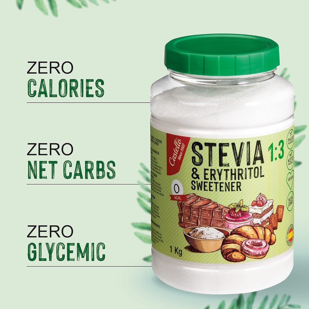 Stevia + Erythritol 1:3 Tissu sucré | 1G = 3G Zucker | Ingrédients 100% naturels - 0 calories - 0 indice glycémique - Keto et Paleo - 0 netto-khlenhydrate - Kein GVO - Castello depuis 1907-1 kg d'édulcorants Naty Shop