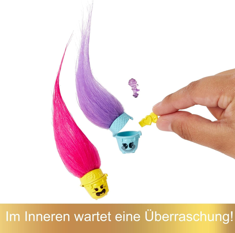 Mattel DREAMWORKS TROLLS Together Strong - Hairy Surprises Poppy Queen Poppy, Viva, Branch et Guy Diamond Peluche Cheveux, 2 Hairy Surprises, Accessoire, À partir de 3 ans, HNF10 Naty Shop Dolls