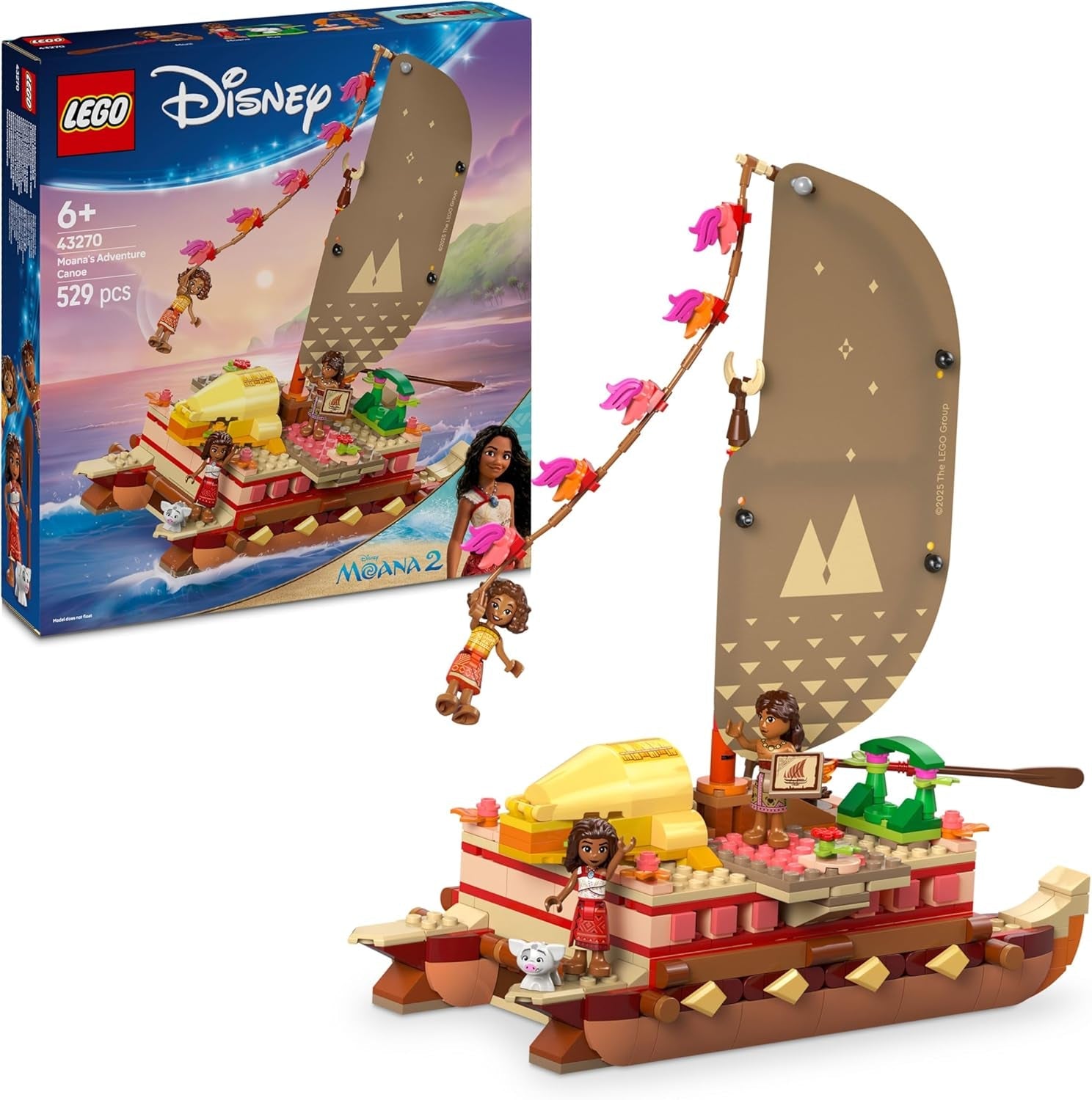 LEGO ǀ Disney Vaiana 2: Vaianas Abenteuerfloß - Spielzeug Boot mit Textilsegel, abnehmbarem Deck, Lagerfeuer & 3 Minifiguren, inkl. Loto und Moni – Geschenk für Mädchen ab 6 Jahren & Fans – 43270
