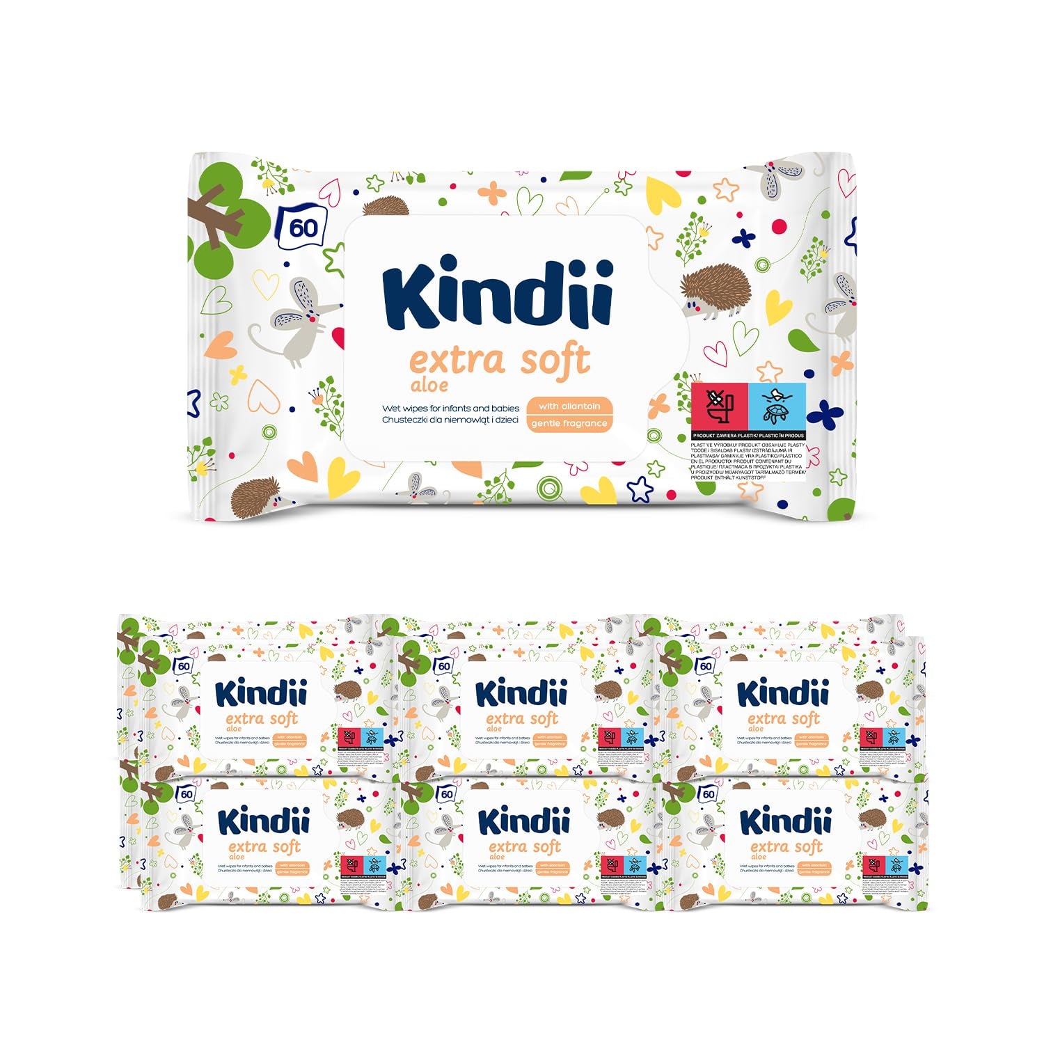 Lingettes humides Kindii Natural Balance pour bébés – (1 x 60 pcs.) Lingettes humides pour bébés et enfants – Protectrices, Aloe Vera, Parfum délicat – 60 pcs.