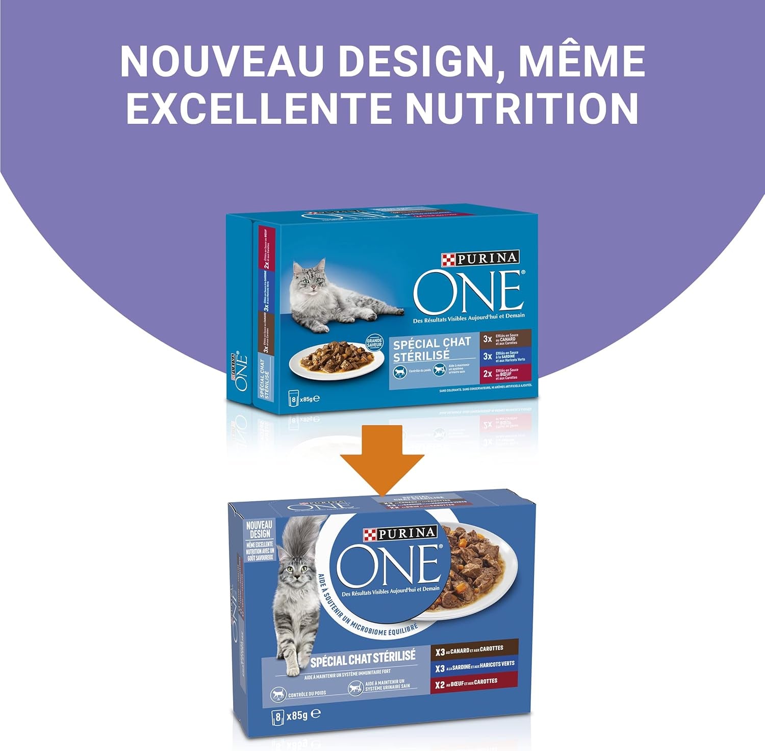 PURINA UN | BIFENSIE | Aliments pour chats adultes stérilisés | Soutient la vitalité, les os, les muscles et les articulations du chat | En sauce | Pochettes au canard, sardines, bœuf, fraîcheur | 1 pièce (8x85g)