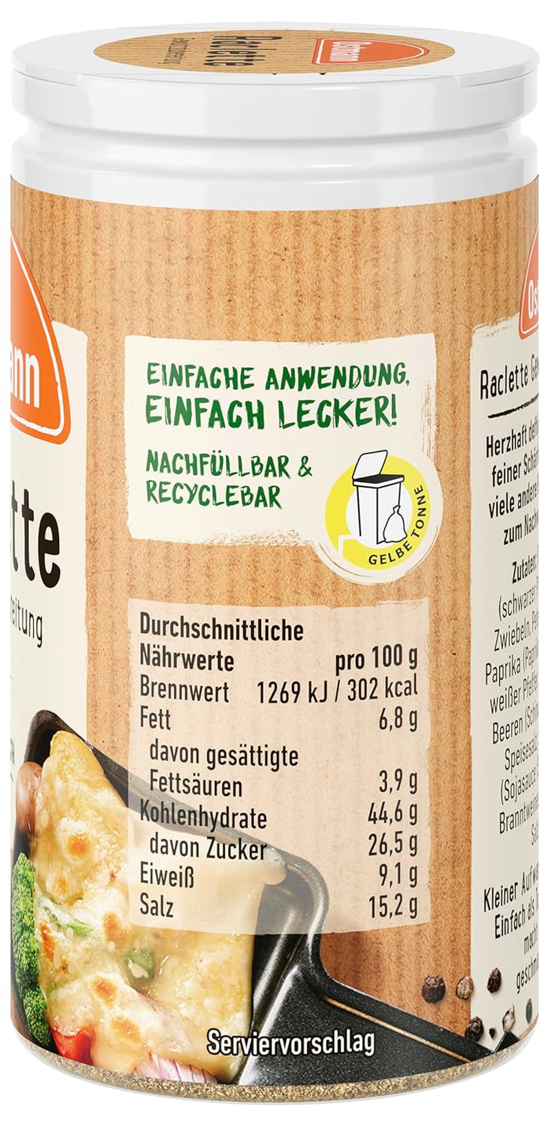 Ostmann Gewürze - Raclette Gewürzzubereitung | Zum Würzen von Käsegerichten | Recycler, nachfüllbare Streudose | 45 g dans du Streuer