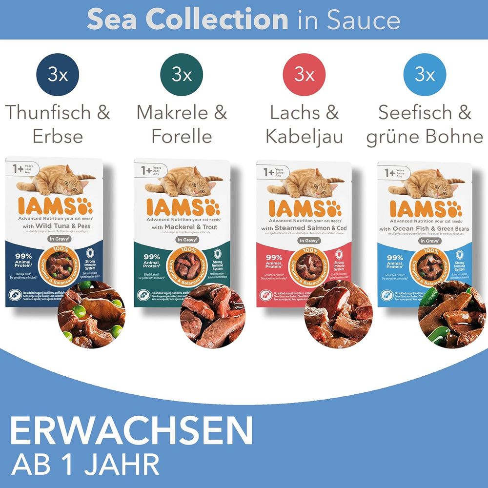 IAMS Delights Sea Collection Katzenfutter Nass - Multipack mit Fisch Sorten (Lachs, Thunfisch, Maquereau, Seefisch) en Sauce, Nassfutter für Katzen à partir de 1 janvier, 12 x 85g