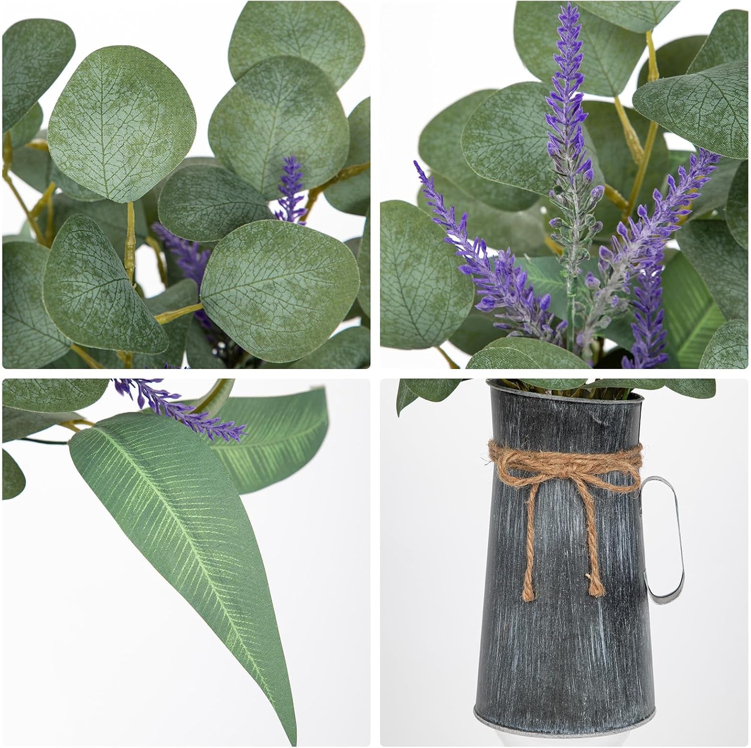 Hollyone Kunstpflanze Eukalyptus in Rustikalen Metall Vase, 45Cm Zimmerpflanzen Künstliche Eukalyptus Mit Lavendel Dekopflanzen Für Bauernhof Haus Hochzeit Tisch Centerpiece Deko
