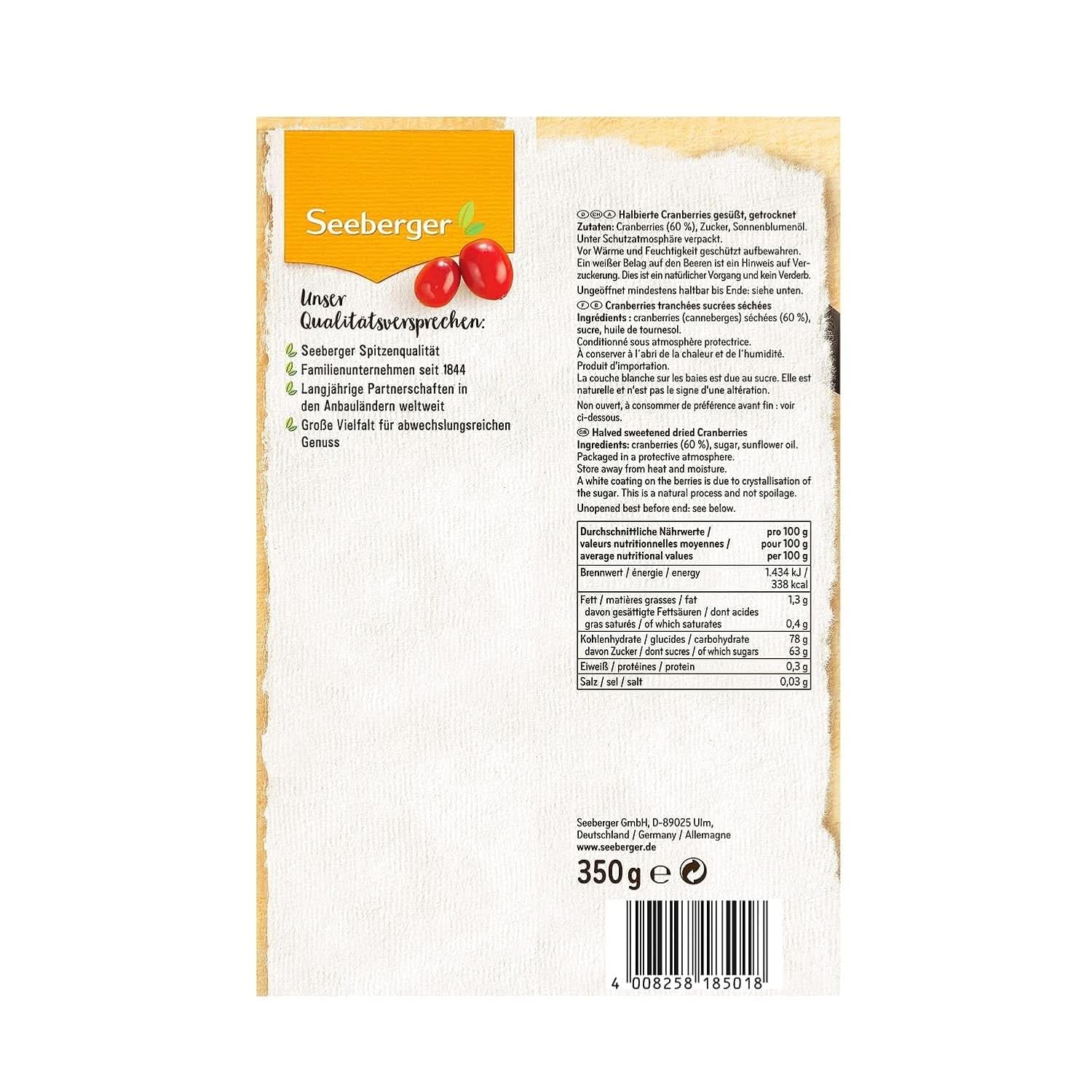 Canneberges canadiennes Seeberger, coupées en deux, fruitées et sucrées Naty Shop Produits déshydratés