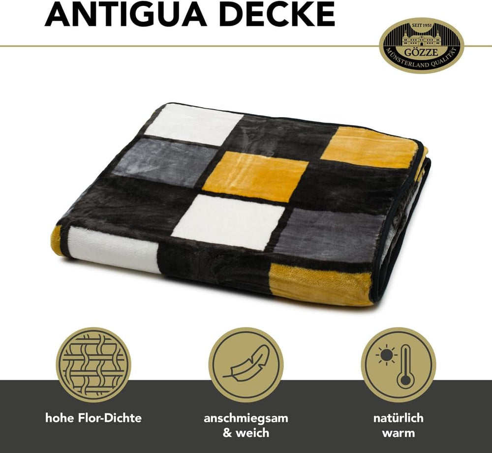 Gözze - Couverture douce et confortable, sensation cachemire, grammage du tissu lourd 500 G/M², Antigua, 150 X 200 Cm - Moutarde/Noir/Blanc Lits et Couvertures Besuche den Gözze-Store