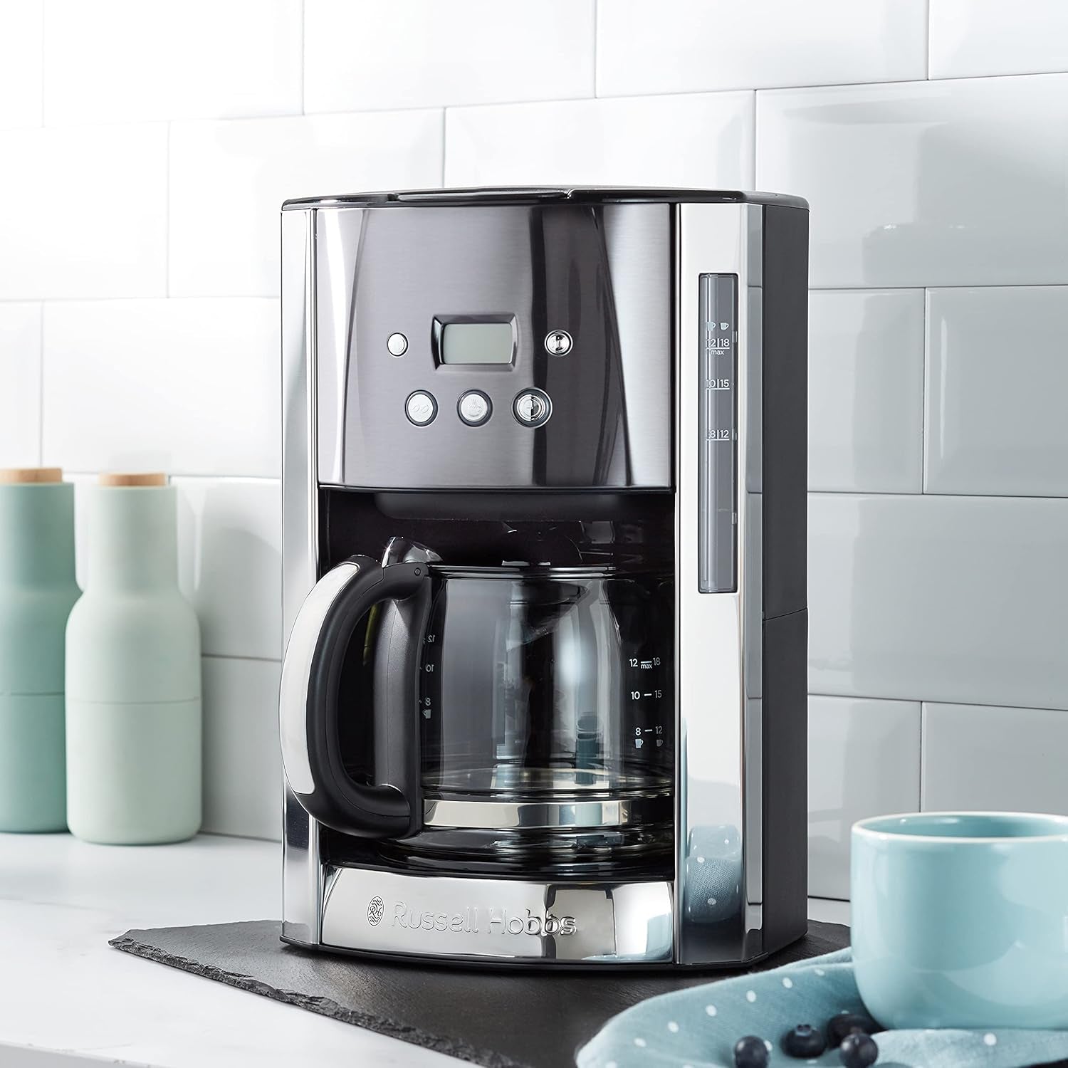 Russell Hobbs Luna Grey Cafetière [minuterie numérique, pomme de douche pour une extraction et un arôme optimaux] (1 à 12 tasses, carafe en verre 1,5 L, plaque chauffante, 1000 W) Cafetière à filtre 23241-56