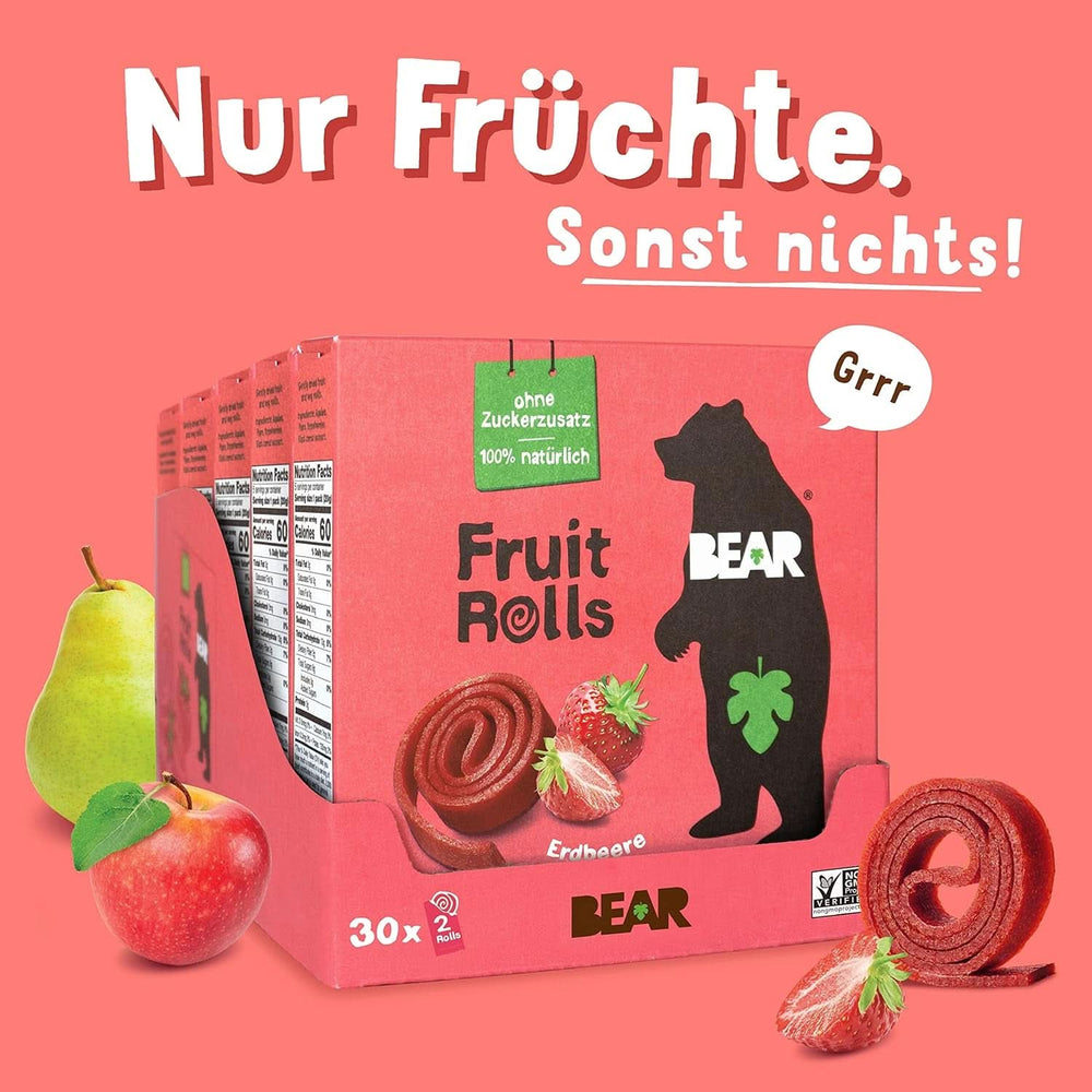 BEAR Rouleaux de fruits aux fraises, ingrédients 100% naturels, 30 x 20 grammes Produits déshydratés Naty Shop