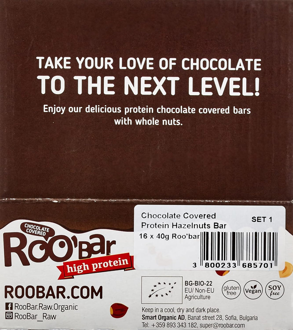 Barres aux noisettes glacées au chocolat riches en protéines - 100 % biologiques, végétaliennes, barres de fruits, sans produits laitiers, sans gluten, sans sucre raffiné - 16 barres x 40 g