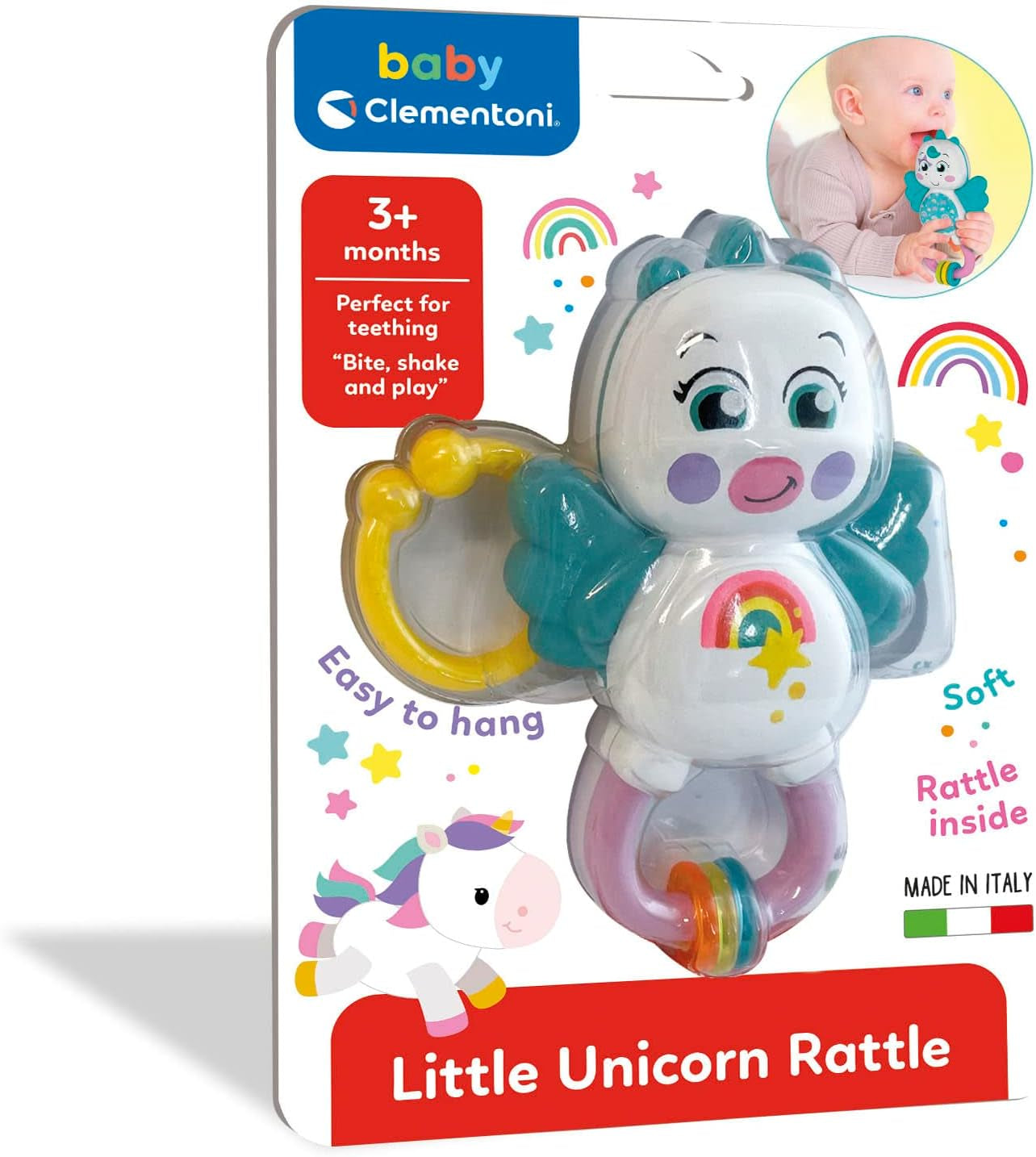 Clementoni 17778 - Hochet Petite Licorne - Sonaglio Neonato Con Massaggiagengive, Giocattolo Bambini 3 Mesi, Rafforza Le Capacità Motorie E Sensoriali - Made in Italy Jucarii Bebe Naty Shop