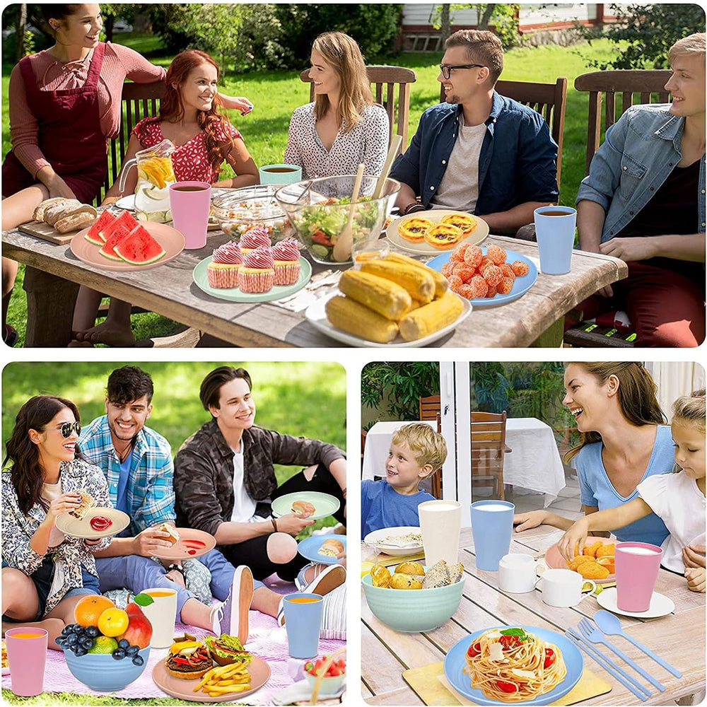 Ensemble de couverts de camping en plastique pour 4 personnes, réutilisables, indestructibles, assiettes, tasses, bols et couverts légers, respectueux de l'environnement, réutilisables, passent au micro-ondes et au lave-vaisselle