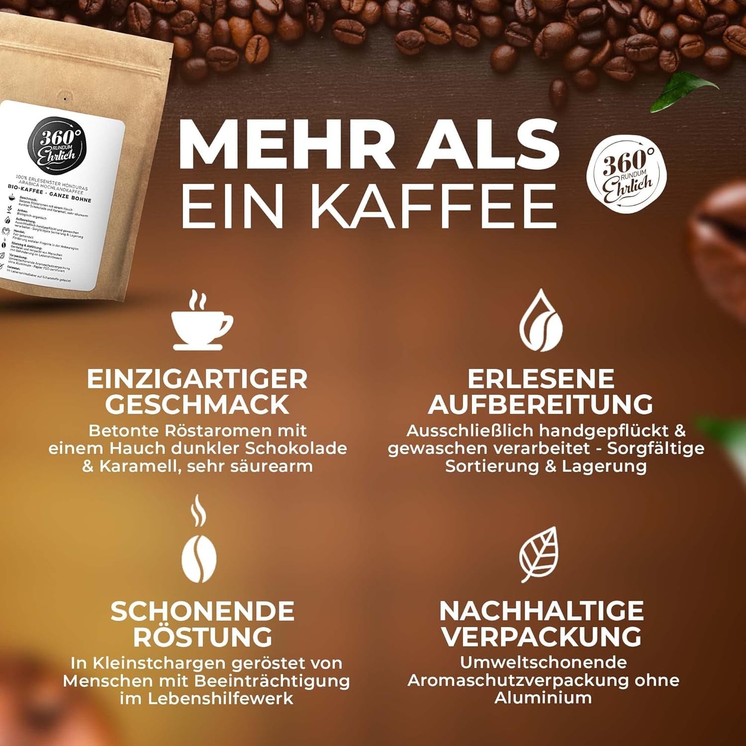 Premium Bio Kaffeebohnen 1000g, 100% Honduras Hochland Arabica Kaffeebohnen Bio - Köstlich, doux, sans danger - Bio Kaffee ganze Bohnen - Idéal comme Kaffeebohnen Vollaautomat - 360° Rundum Ehrlich