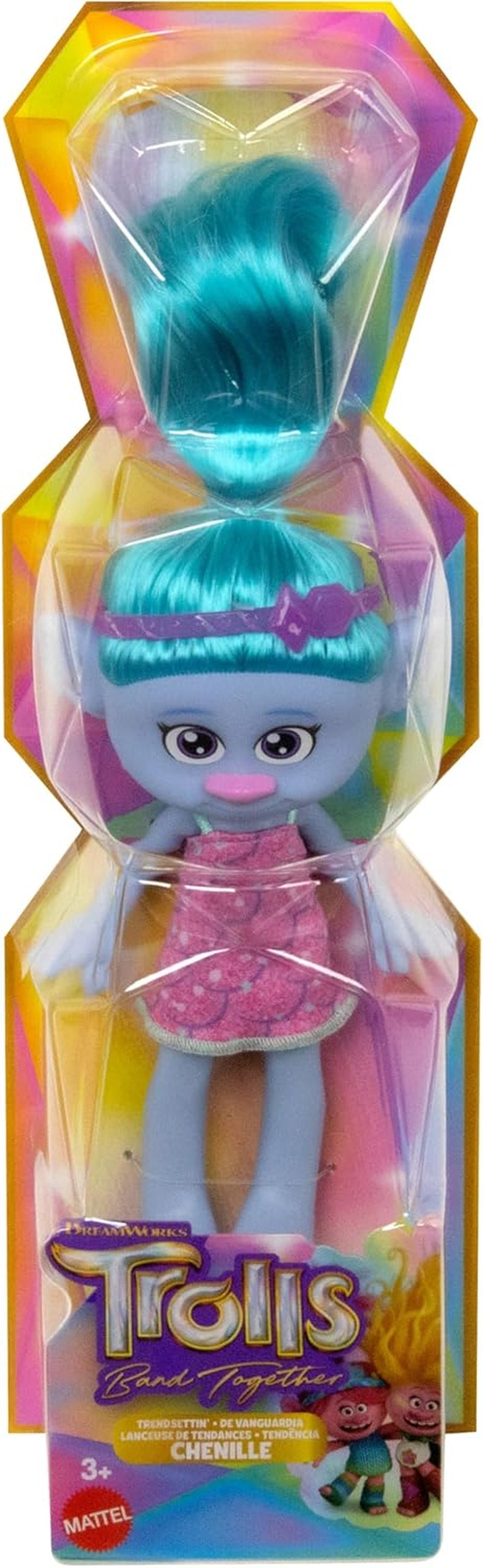 Mattel DREAMWORKS TROLLS United We Stand - Poupée surprises poilue en chenille avec cheveux bleus scintillants, bandeau violet, 3 ans et plus, HNF15