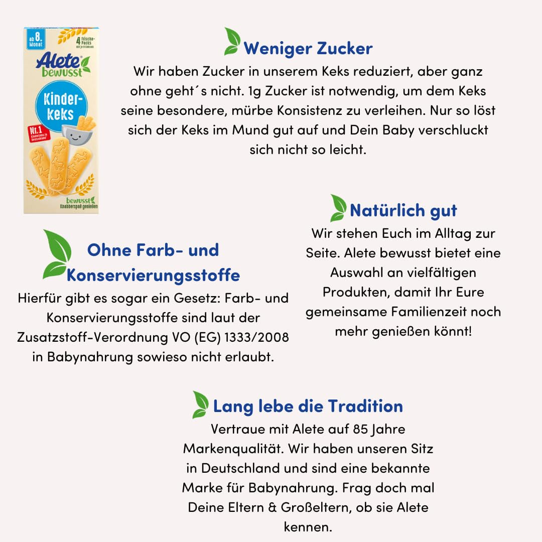 Alete Conscious Baby Biscuits 8 mois+ Biscuits au beurre de blé pour bébés idéalement emballés comme une petite collation, parfaits pour les déplacements et entre les cours 1 x 180 g