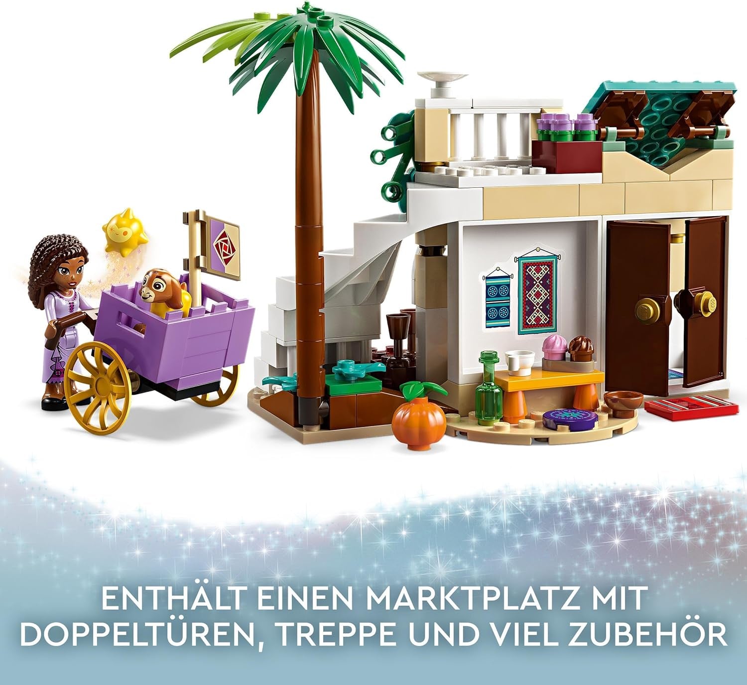LEGO 43223 Disney Wish Asha à Rosas City, ensemble du film Wish avec marché, mini poupée Asha, Valentino en chèvre jouet et figurines étoiles, cadeau pour enfants de 6 ans, ensembles de construction pour filles et garçons Besuche den LEGO-Store