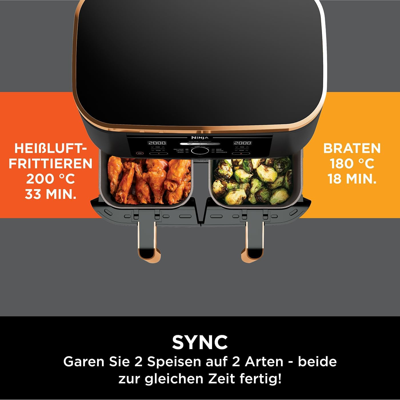 Ninja Foodi AF400EUCP MAX Dual Zone Air Fryer, 9.5L Airfryer, 2 compartimente, cu clește, acoperire neaderentă Electrocasnice Naty Shop