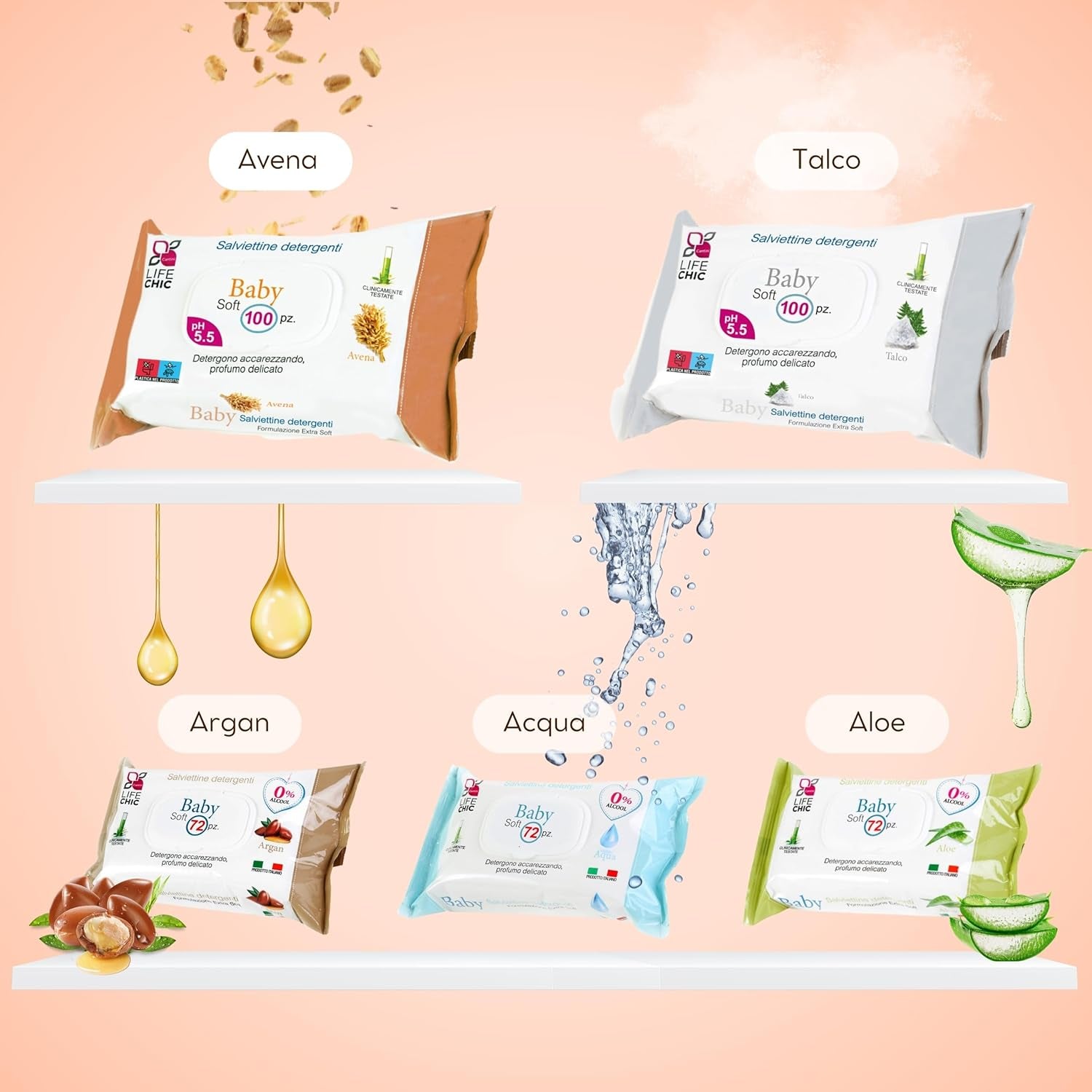 Lingettes pour bébé avec talc pour peaux sensibles, sans alcool, respectueuses de la peau, pH 5,5, légèrement parfumées, 1200 unités (paquet de 12)