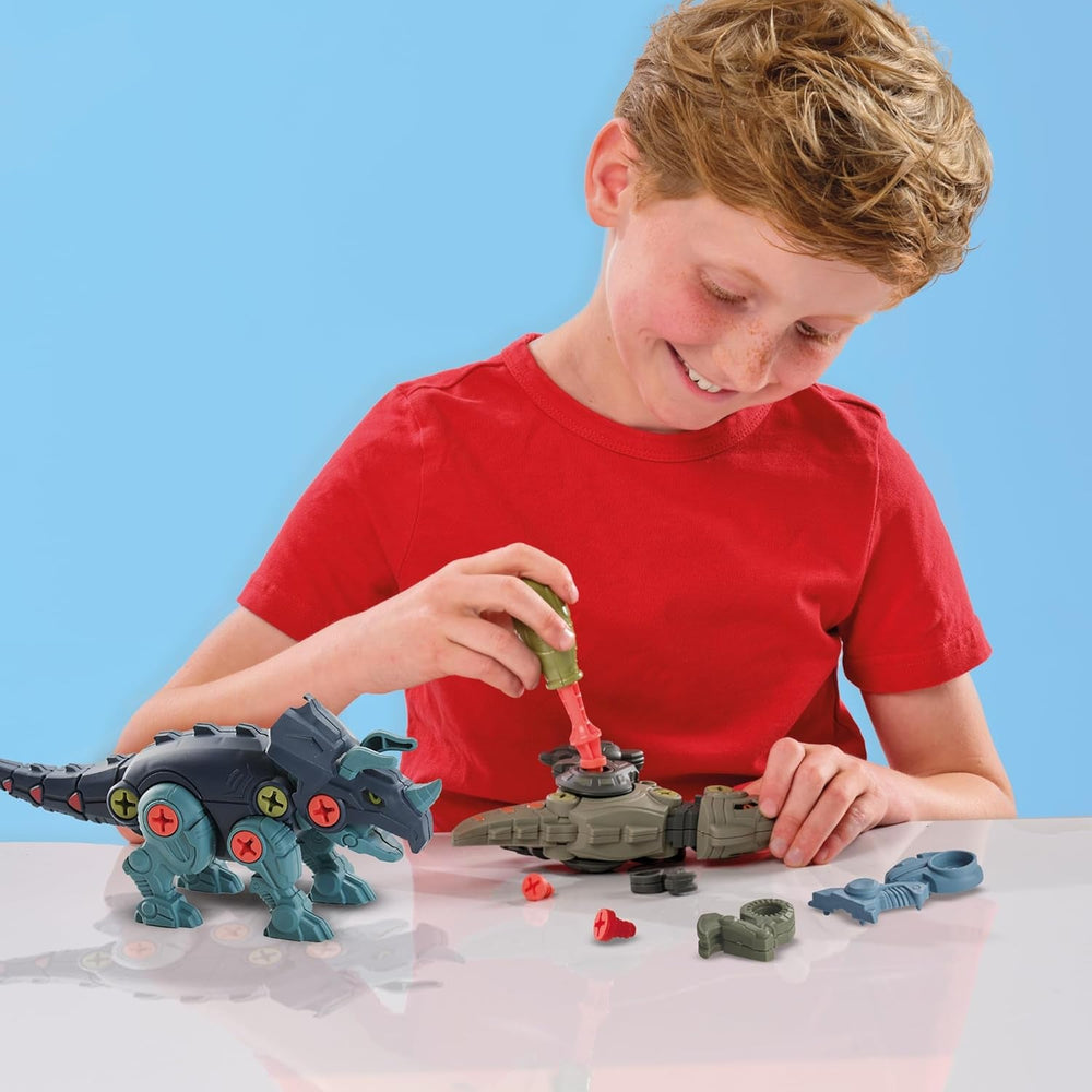 SES Creative 14291 Dino-Schraubkonstruktionen - Kreatives Bauset für Kinder ab 5 Jahren - Baue einen T-Rex und Triceratops - Fördert Problemlösungsfähigkeiten und Spaß, Weiß