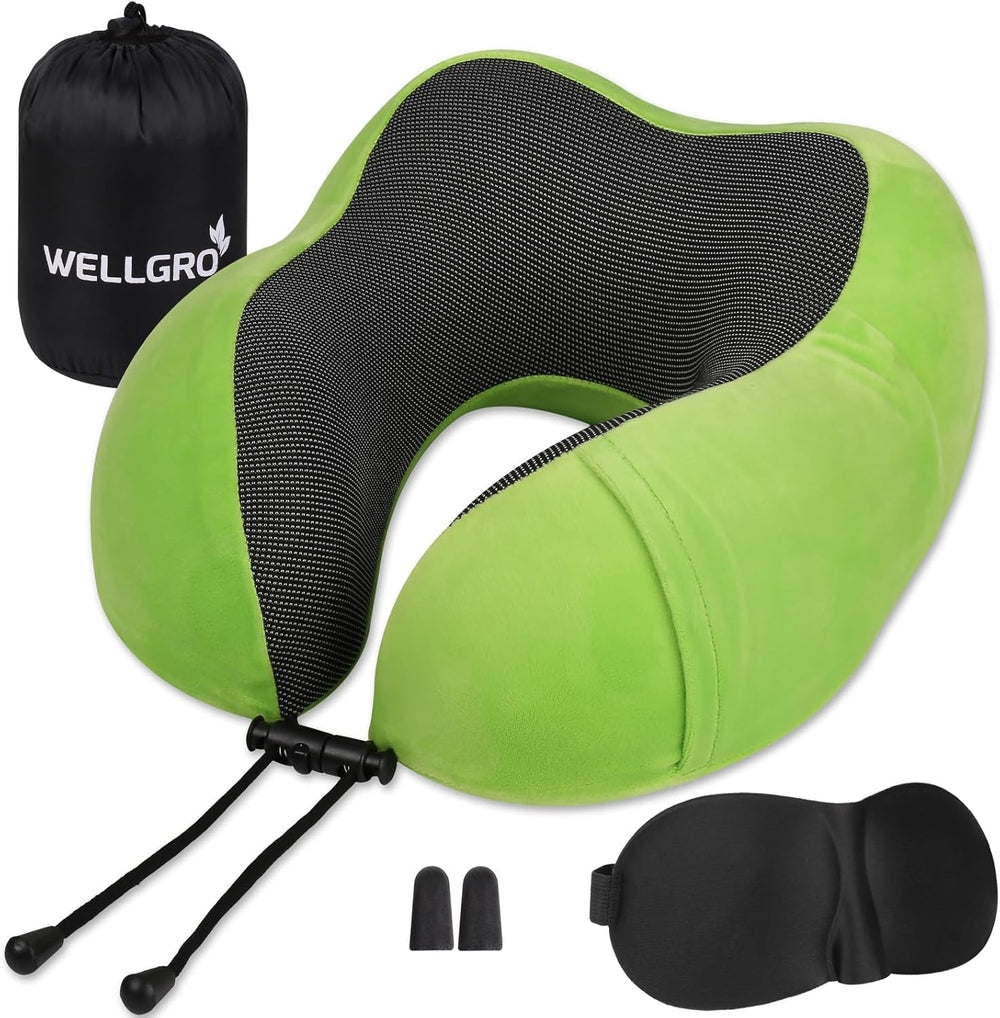 WELLGRO Ensemble d'oreillers cervicaux avec masque de sommeil 3D et bouchons d'oreilles - Housse amovible - Mousse à mémoire de forme - Fermeture à glissière - Sac de rangement inclus - Oreiller de voyage - Couleur au choix, Couleur: Gris Oreillers orthopédiques cervicaux Naty Shop Cordialement