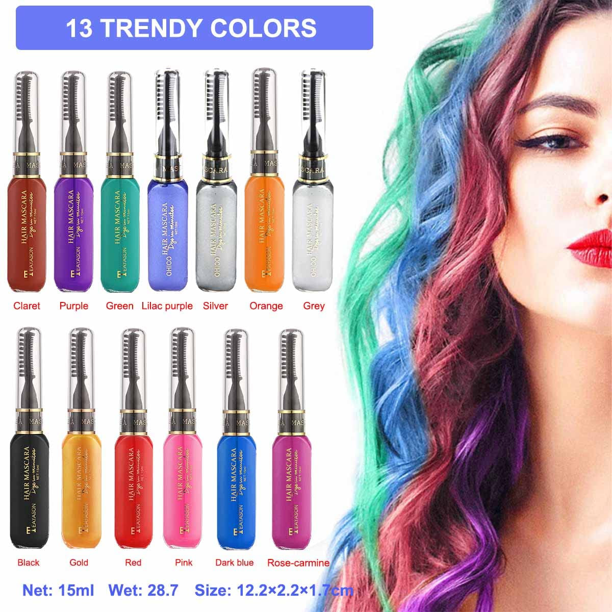 13 Pièces Peigne Lavable Craie à Cheveux pour Filles Ensemble de Mascara Lavable Temporaire pour Enfants 13 Couleurs Teinture Cheveux Halloween pour Carnaval Cosplay Fête Noël Halloween Anniversaire Teinture Cheveux Naty Shop