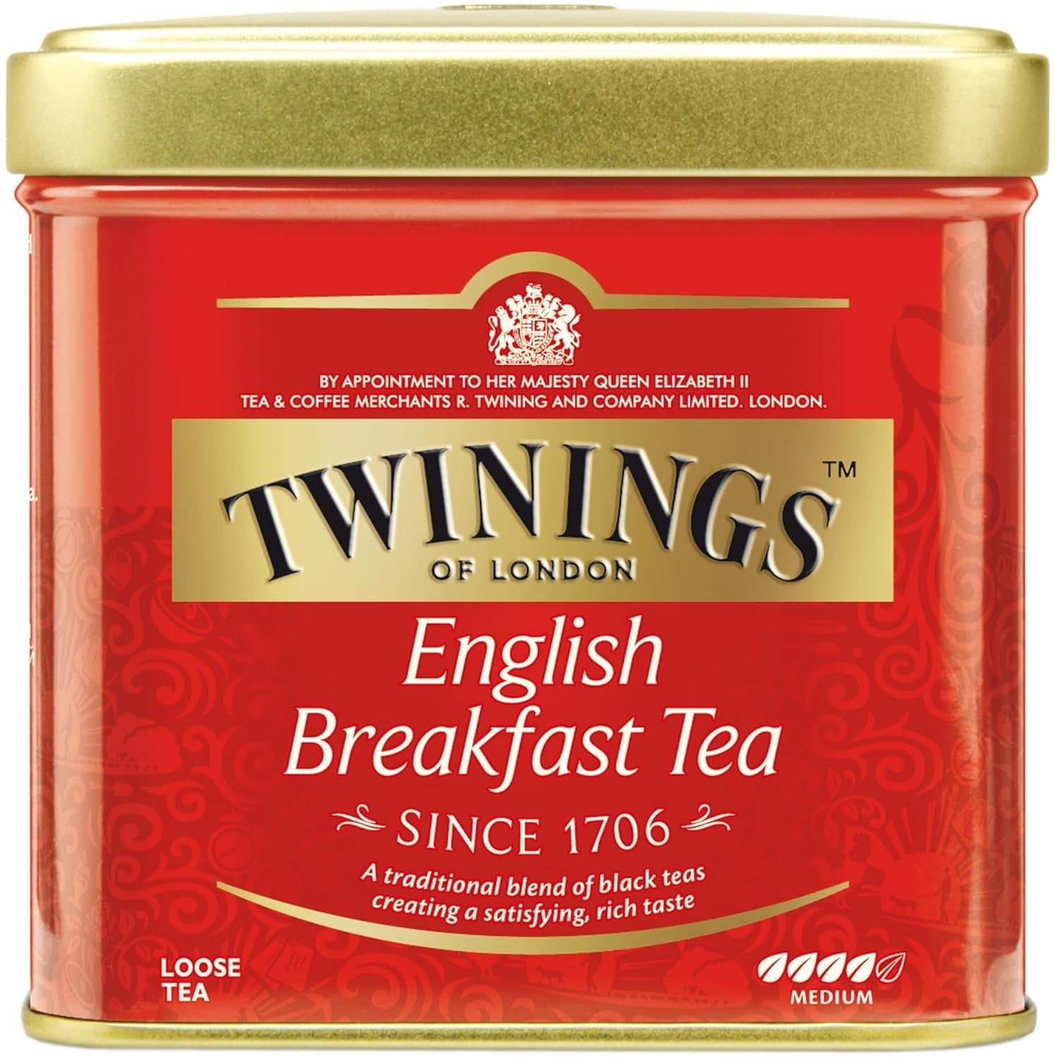 Twinings English Breakfast Tea Thé noir en vrac dans une boîte à thé Thé noir fort issu de feuilles de thé de haute qualité cueillies dans les meilleures plantations de thé du Sri Lanka et de l'Inde G, neutre, 100 grammes