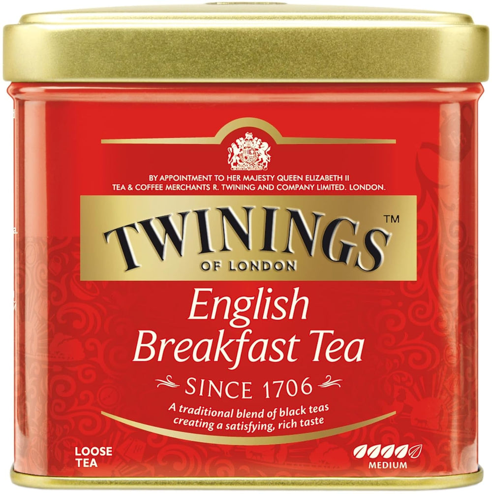 Twinings English Breakfast Tea Thé noir en vrac dans une boîte à thé Thé noir fort issu de feuilles de thé de haute qualité cueillies dans les meilleures plantations de thé du Sri Lanka et de l'Inde G, neutre, 100 grammes