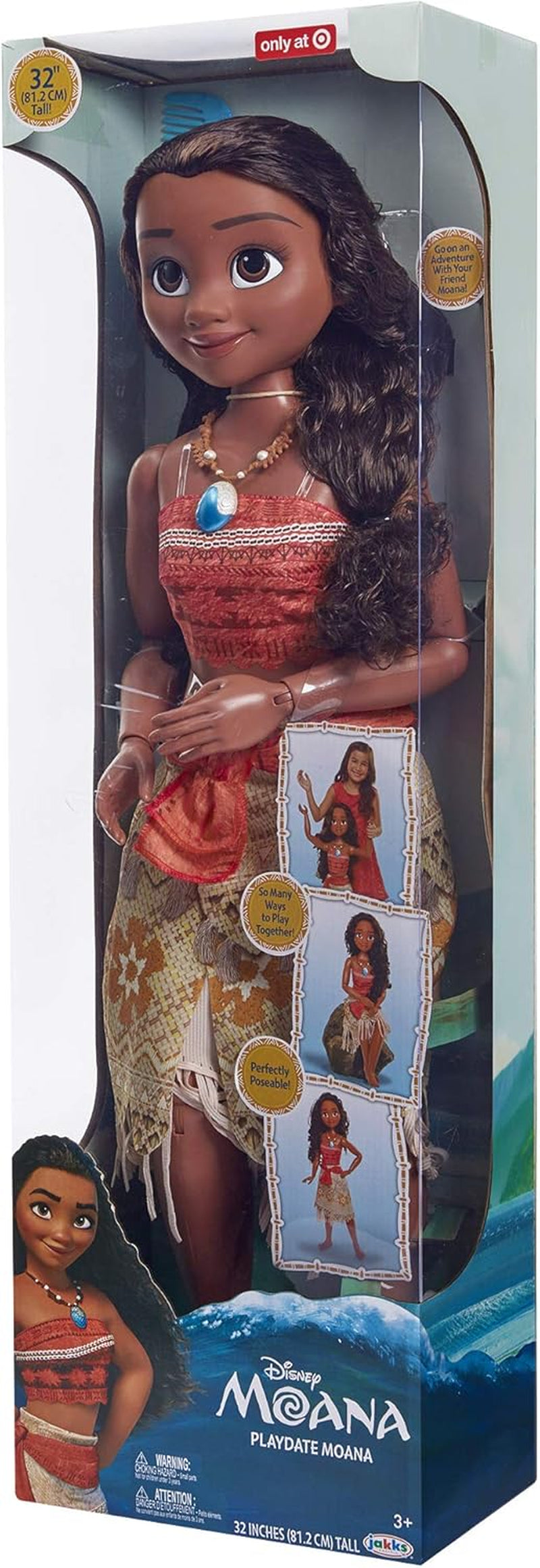 Disney Princess Vaiana, grande poupée de jeu de Jakks Pacific de 80 cm, jolie poupée, avec une brosse à la main dans ses serrures bien fermées, pour un vêtement inspiré du film, porte-clés avec crochets