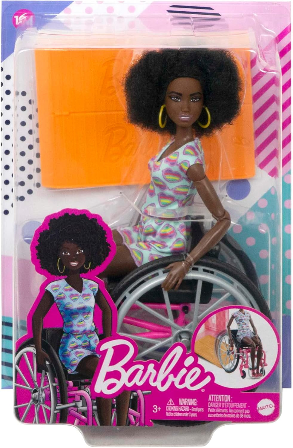 Barbie Fashionistas – combinaison colorée avec cheveux noirs, rampe pour fauteuil roulant, poupée incluse, cadeau pour enfants, jouet à partir de 3 ans, HJT14